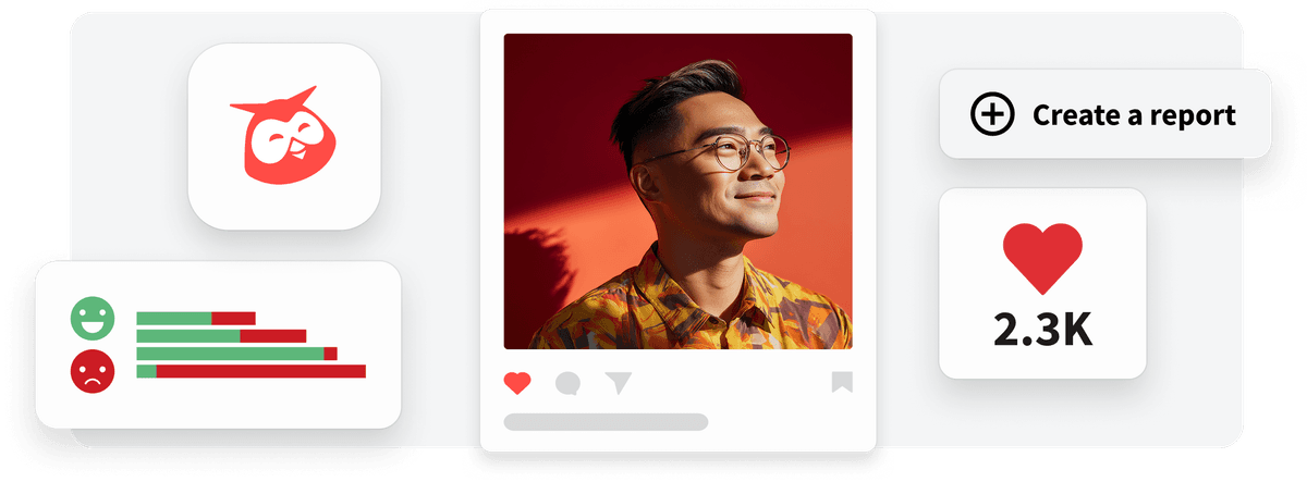 Professional wearing glasses and patterned shirt against red-orange background, with social media interface elements and statistics overlay