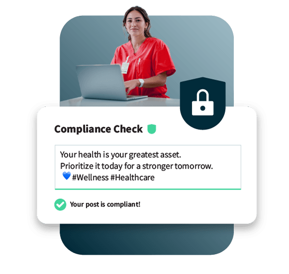 Healthcare professional in red scrubs using laptop with compliance check notification showing approved wellness-related social media post