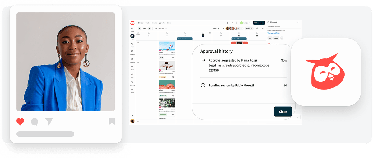 Content calendar interface showing approval workflow with profile photo, schedule view, and red owl logo in top corner